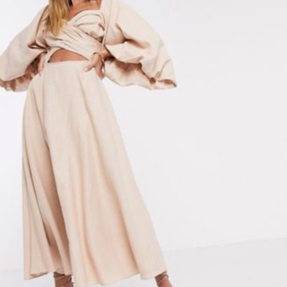 ASOS Beige Linen Midi Dress With Cutout Detail, size 10
